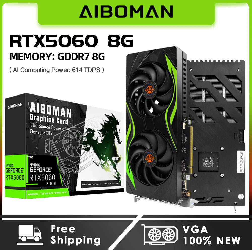 AIBOMAN GPU RTX 5060 8GB GDDR7 3840cuda HDMI+DP PCI Express X16 5.0 145W Graphics Cards