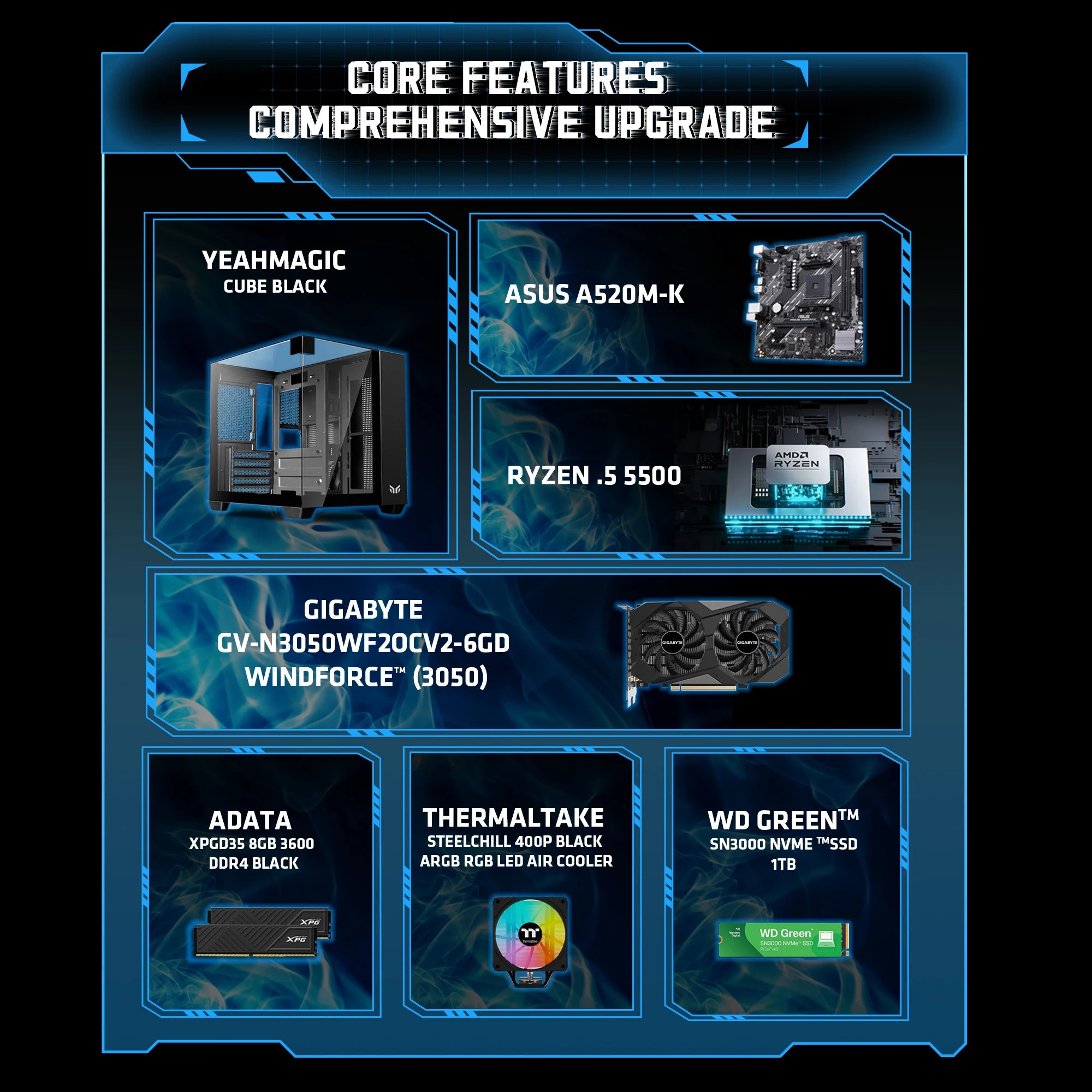 YEAH MAGIC AMD Ryzen 5 5500 Gaming Desktop 16GB(8G*2) DDR4 3600 1T NVME SSD 3050 Graphics card Win11 Home Gamer Desktop PC in US