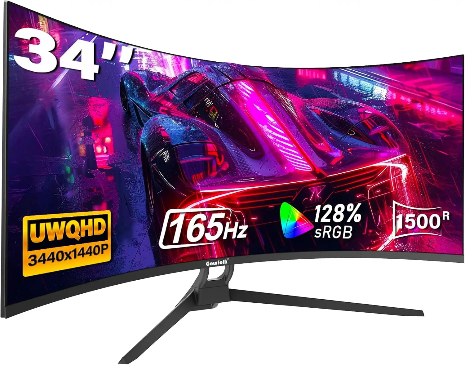 Gawfolk 34 Inch Ultrawide Curved Gaming Monitor, 1500R Curvature 165hz UWQHD, Curved Computer Screen with FreeSync,