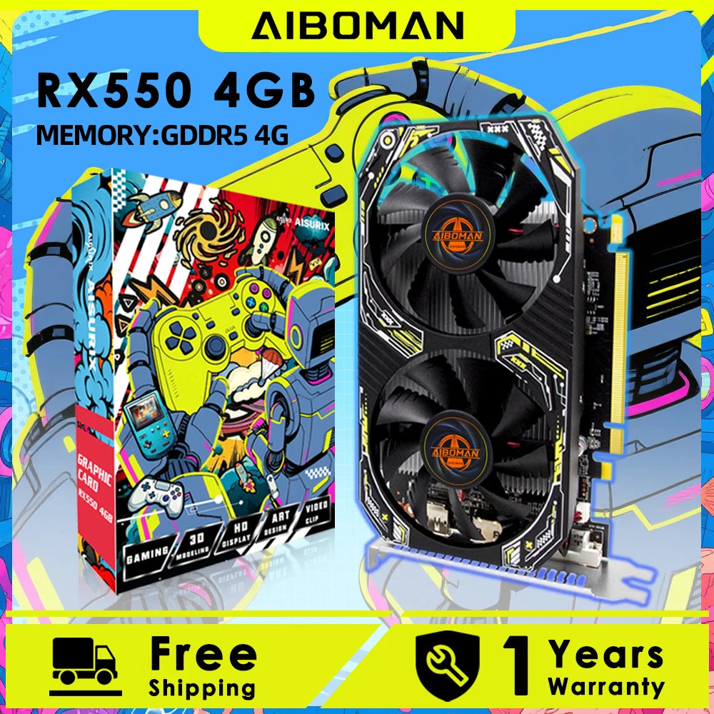AIBOMAN Gamer Black Yellow AMD RX550 4GB GDDR5 Graphics Card 128Bit Dual Fan Computer Assembly Accessories Electric Office Games