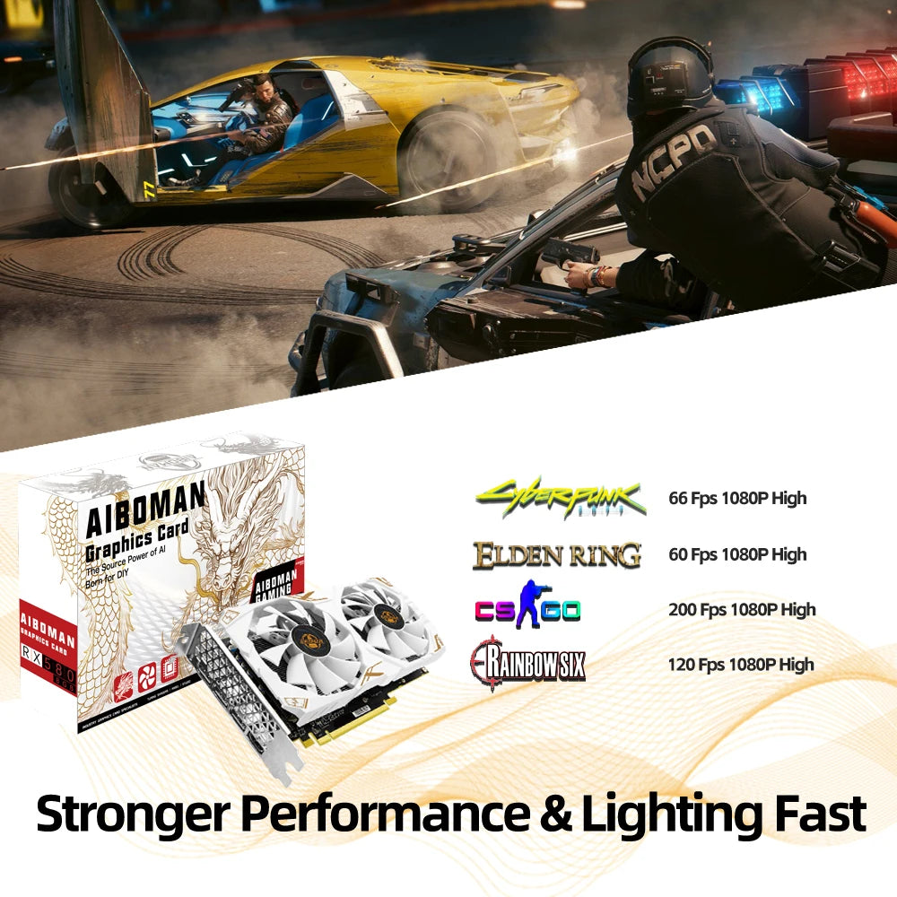 AIBOMAN Video Card AMD RX580 8GB Graphics Card GDDR5 256Bit 2048SP Dragon Series Gaming Video Cards Desktop Computer component