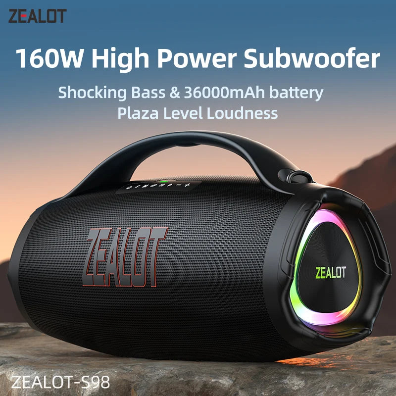 ZEALOT-S98 160W portable Bluetooth speaker with RGB lights, waterproof design, 36000mAh battery, TWS, USB, TF, AUX support