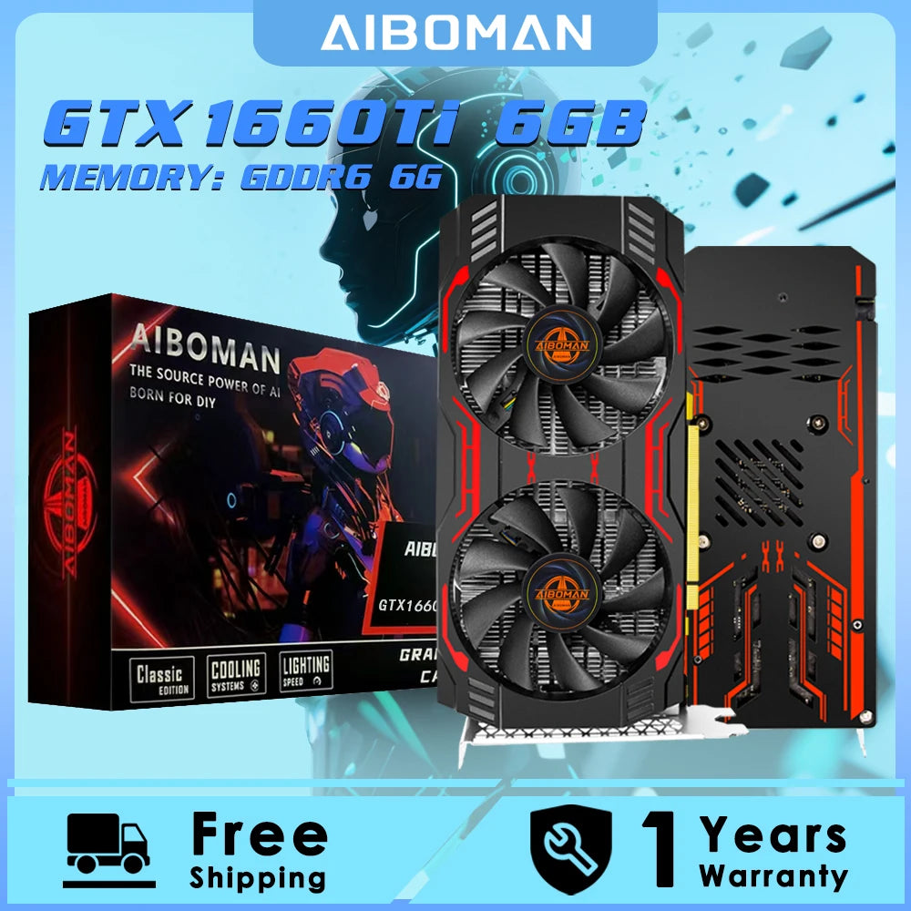 AIBOMAN Video Card GTX1660Ti 6GB GDDR6 192Bit 1530MHz GPU PCI-E 3.0 HDMI DP DVI Output Gaming Graphics Cards