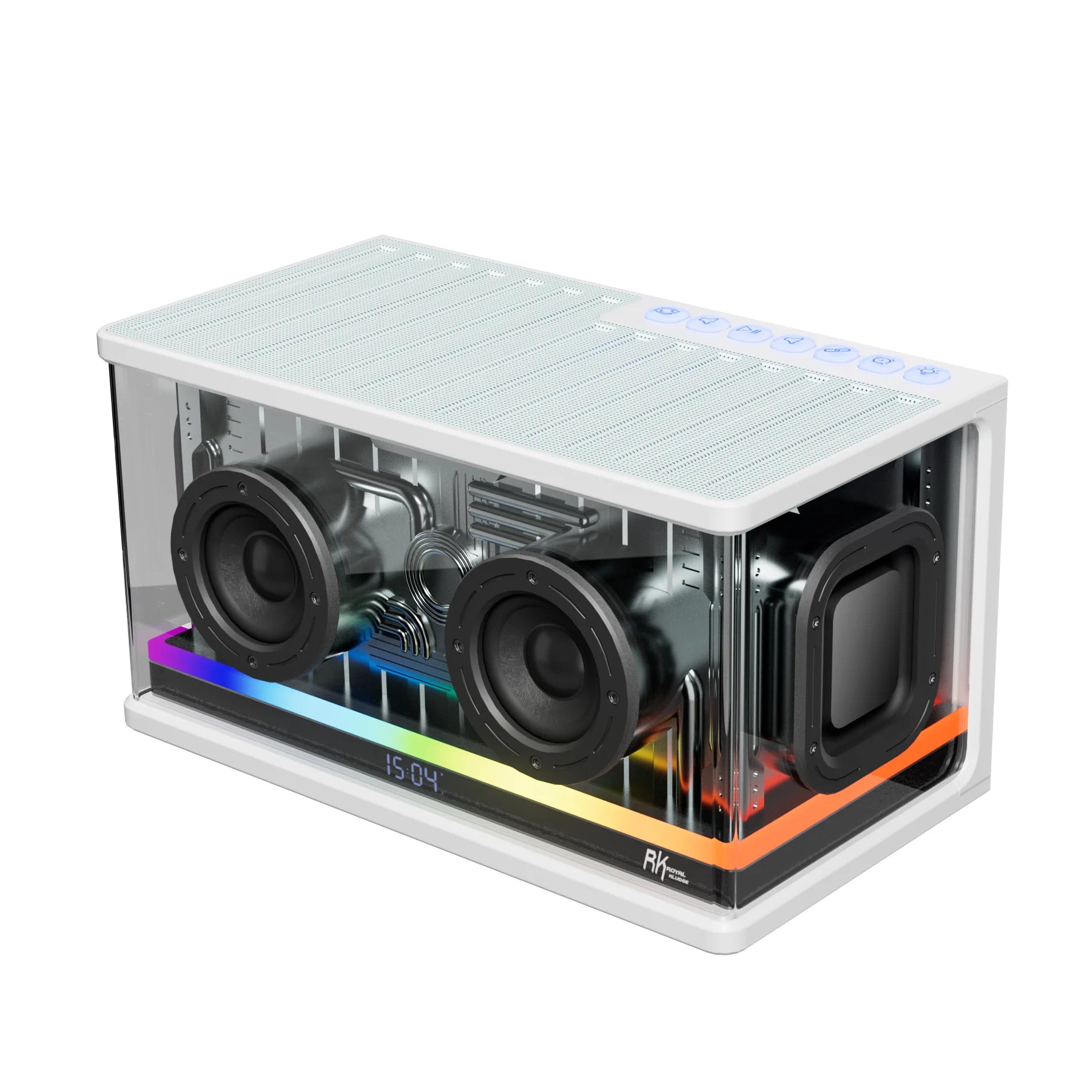 RK Royal Kludge SH100 wireless Bluetooth speaker with RGB lighting, TWS, display screen, four modes, 40W power, and function buttons