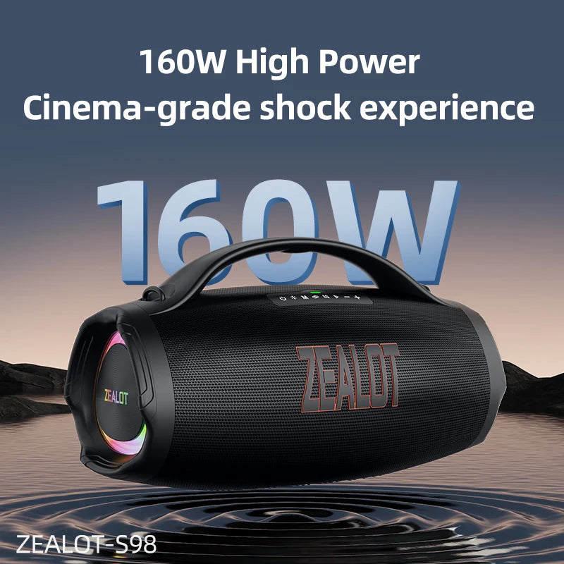 ZEALOT-S98 160W portable Bluetooth speaker with waterproof design, RGB lights, large 36000mAh battery, TWS, USB, TF, and AUX support