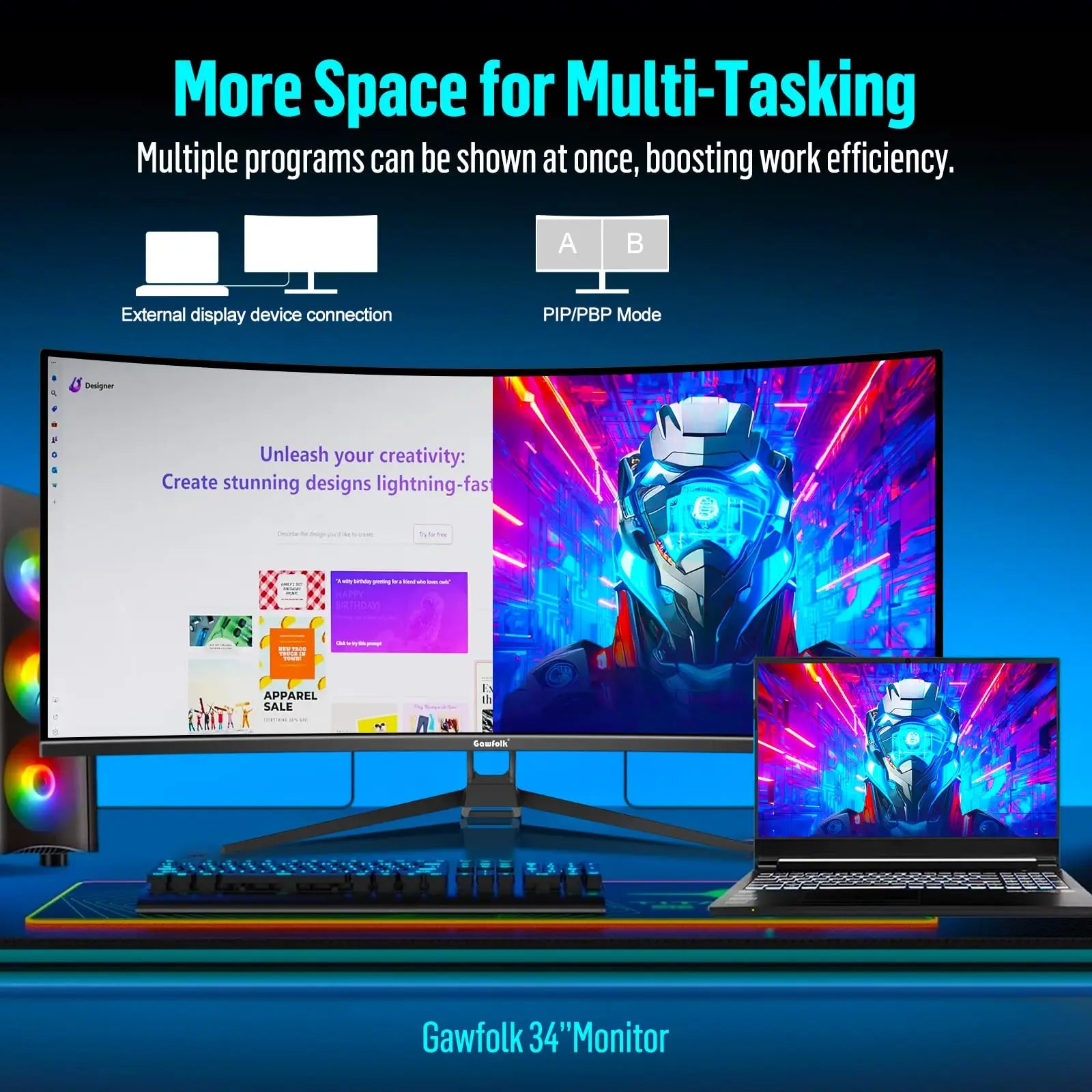 Gawfolk 34 Inch Ultrawide Curved Gaming Monitor, 1500R Curvature 165hz UWQHD, Curved Computer Screen with FreeSync,