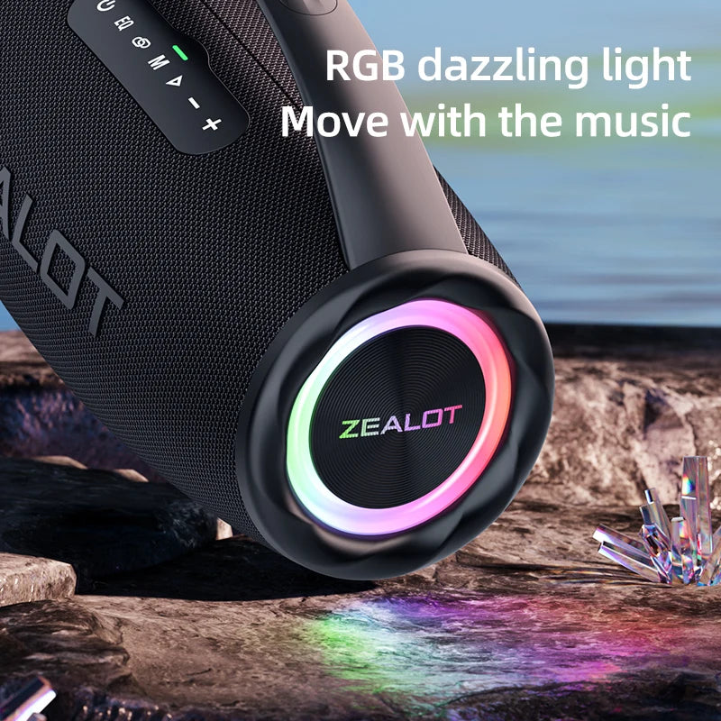 Zealot-S97 80W waterproof Bluetooth speaker with RGB lights, portable wireless subwoofer, 360 stereo sound, FM, and TWS connectivity