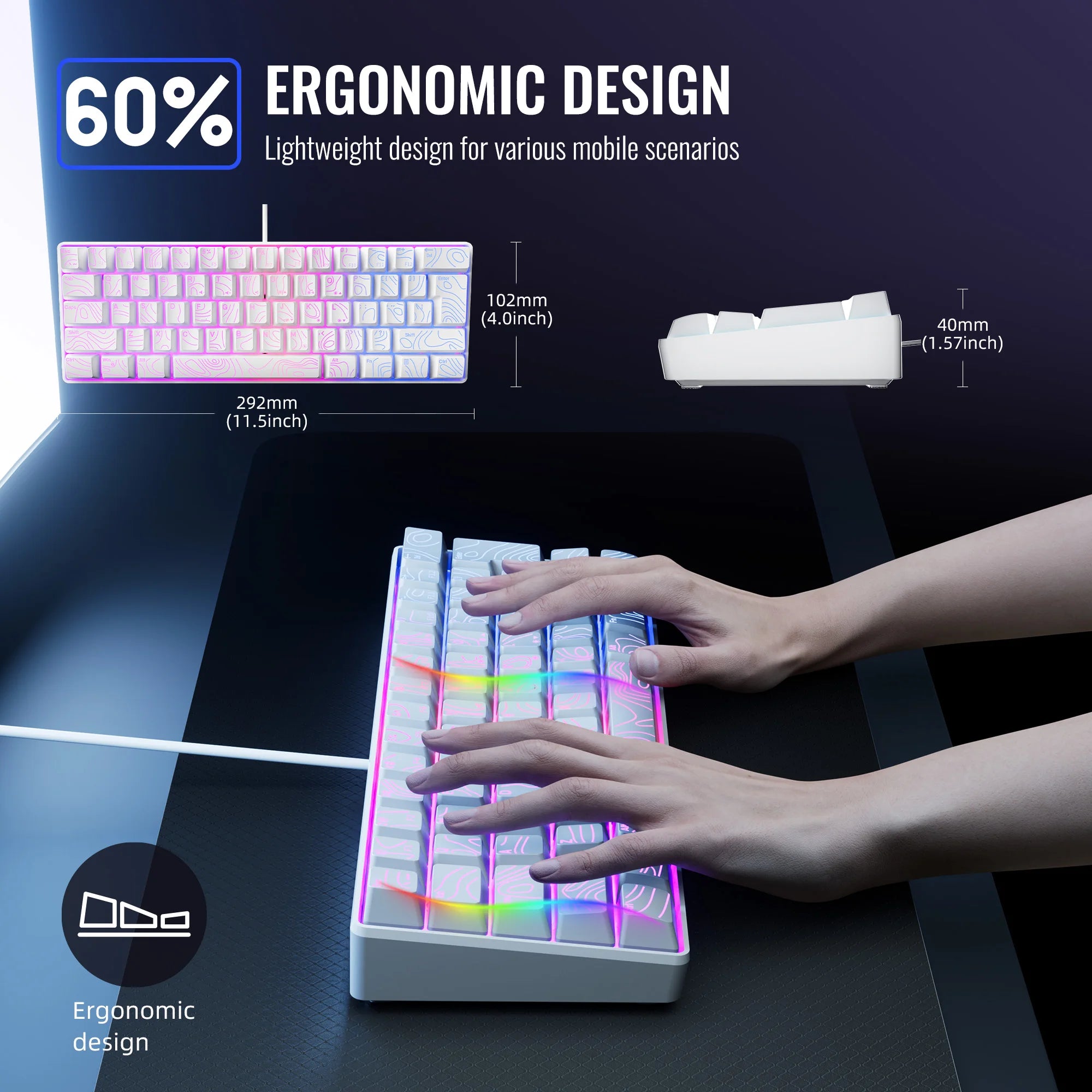 60% gaming keyboard, numeric keypad and mouse set. The mini gaming keyboard has 61 keys and features true RGB backlighting. Sui