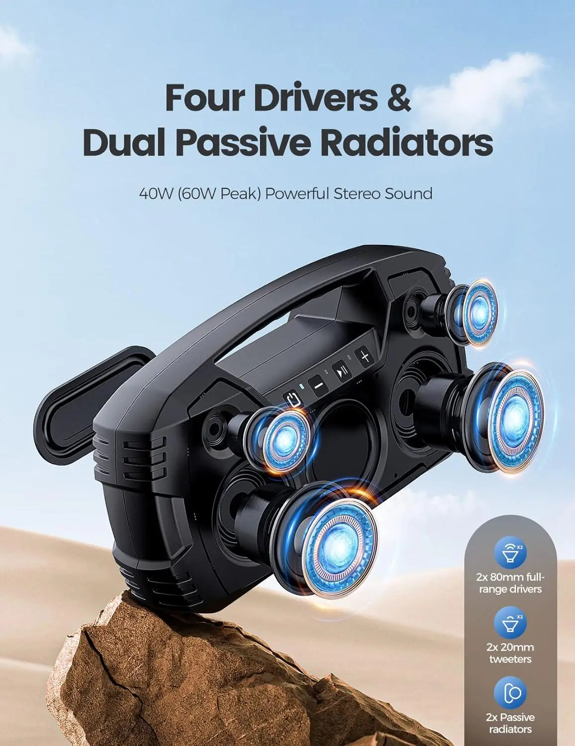 IPX7 Waterproof Bluetooth Speaker, 60W Peak, 32H Playtime, Floating Portable with Handle for Outdoor Adventures