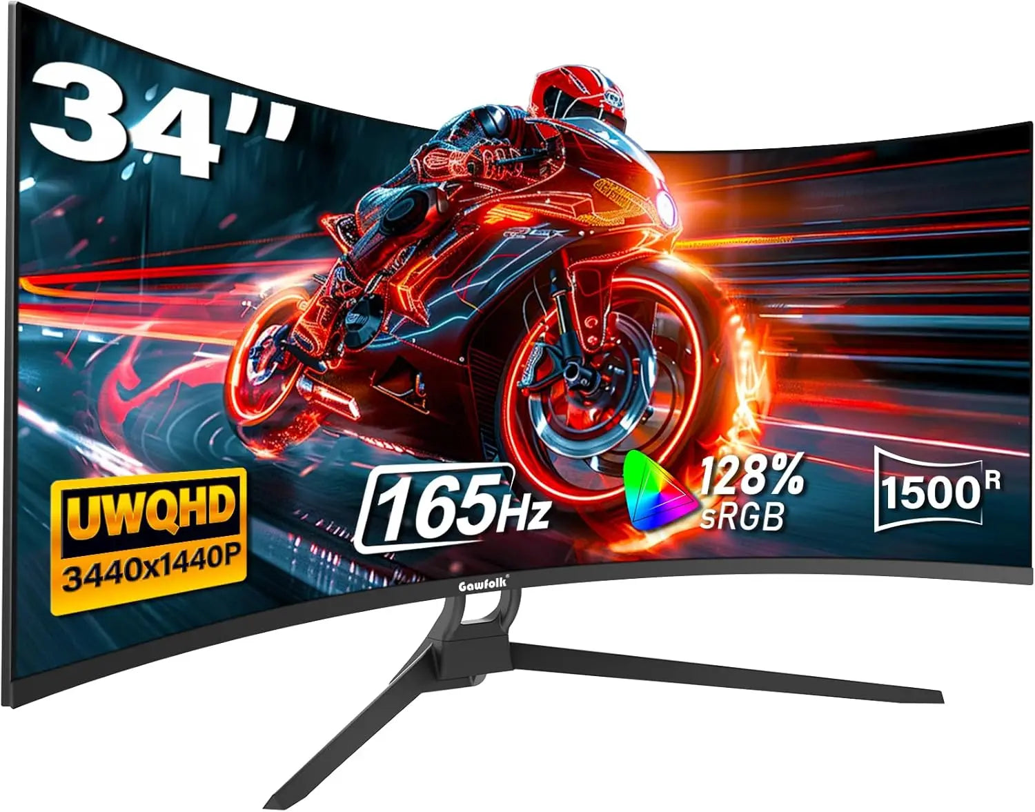 Gawfolk 34 Inch Ultrawide Curved Gaming Monitor, 1500R Curvature 165hz UWQHD, Curved Computer Screen with FreeSync,