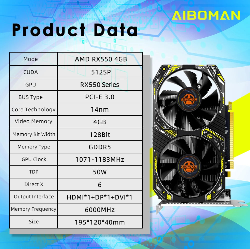 AIBOMAN Gamer Black Yellow AMD RX550 4GB GDDR5 Graphics Card 128Bit Dual Fan Computer Assembly Accessories Electric Office Games