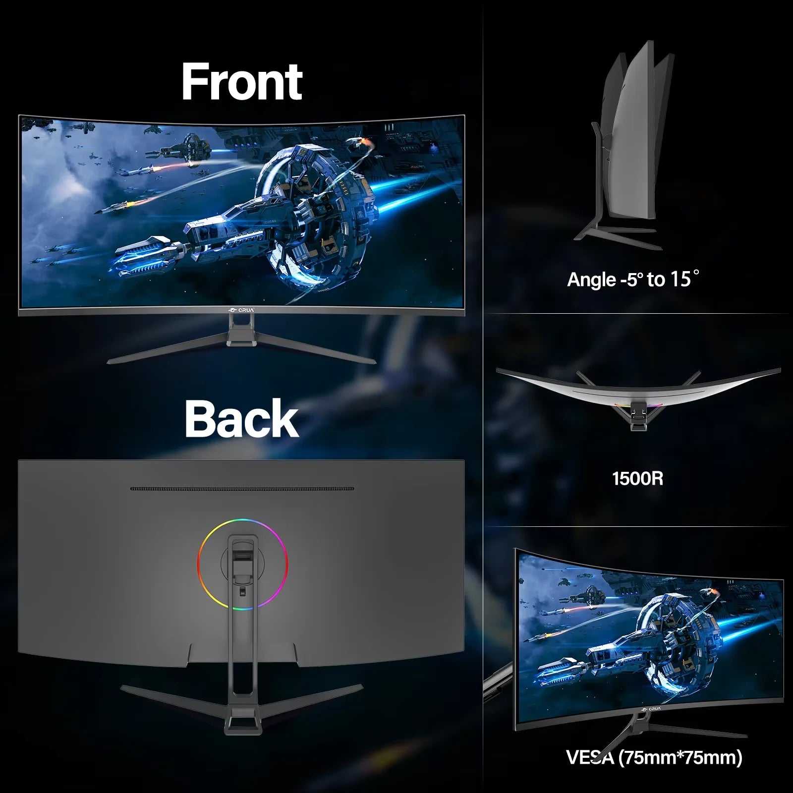 34 CRUA Gaming Monitor 34-inch Curved Ultrawide WQHD Monitor 3440 x 1440 R1500 Ultrawide Computer Monitor 144Hz VA Panel Display