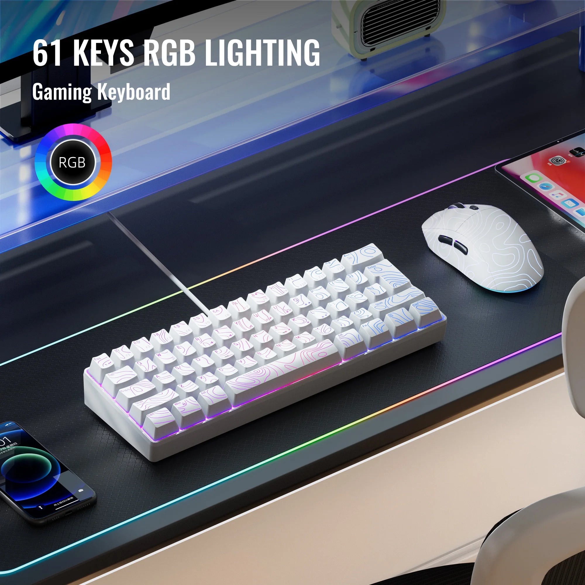 60% gaming keyboard, numeric keypad and mouse set. The mini gaming keyboard has 61 keys and features true RGB backlighting. Sui