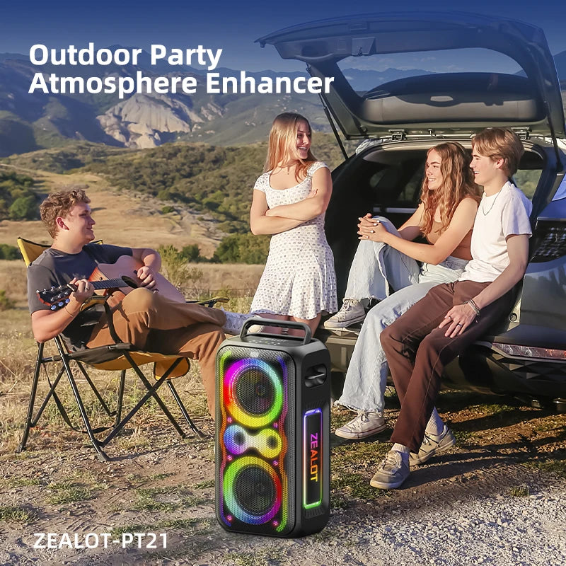 ZEALOT-PT21 200W portable Bluetooth speaker with waterproof design, built-in subwoofer, and bass boost for powerful sound.