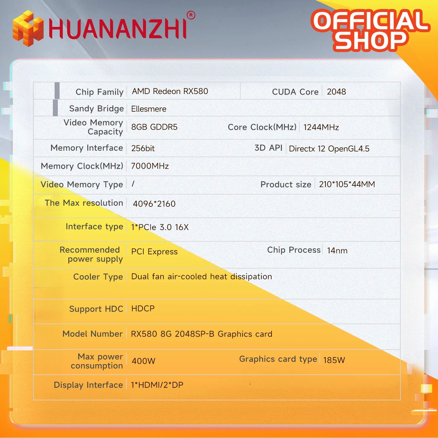 HUANANZHI RX 580 8G 16G 2048SP Graphics Cards 256Bit GDDR5 HDMI-Compatible DP DVI GPU RX580 8G Video Card