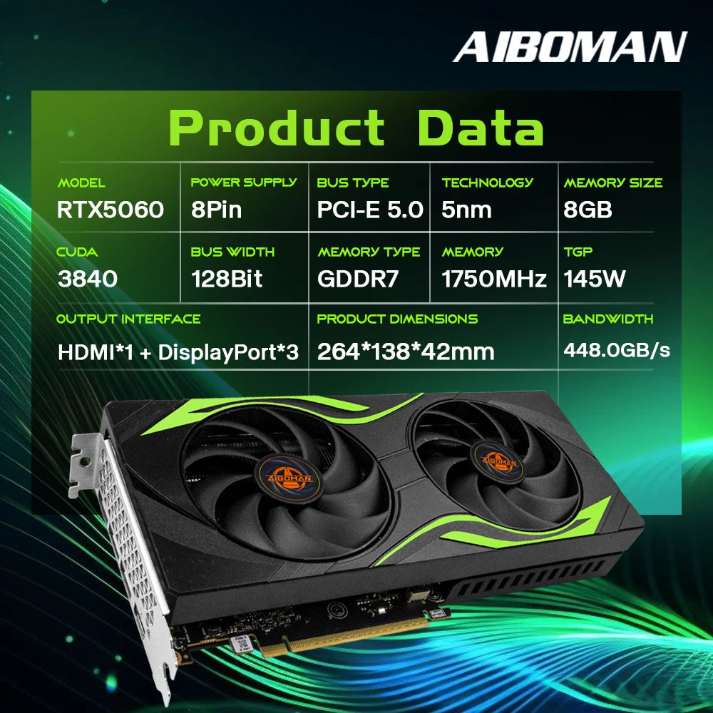 AIBOMAN GPU RTX 5060 8GB GDDR7 3840cuda HDMI+DP PCI Express X16 5.0 145W Graphics Cards