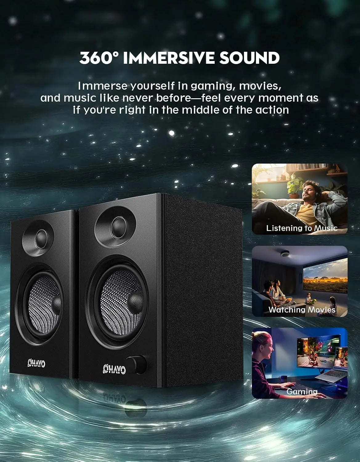 Storm Store OHAYO 60W computer speakers with Bluetooth 5.3, stereo 2.0, aux and RCA input for desktop or laptop audio.