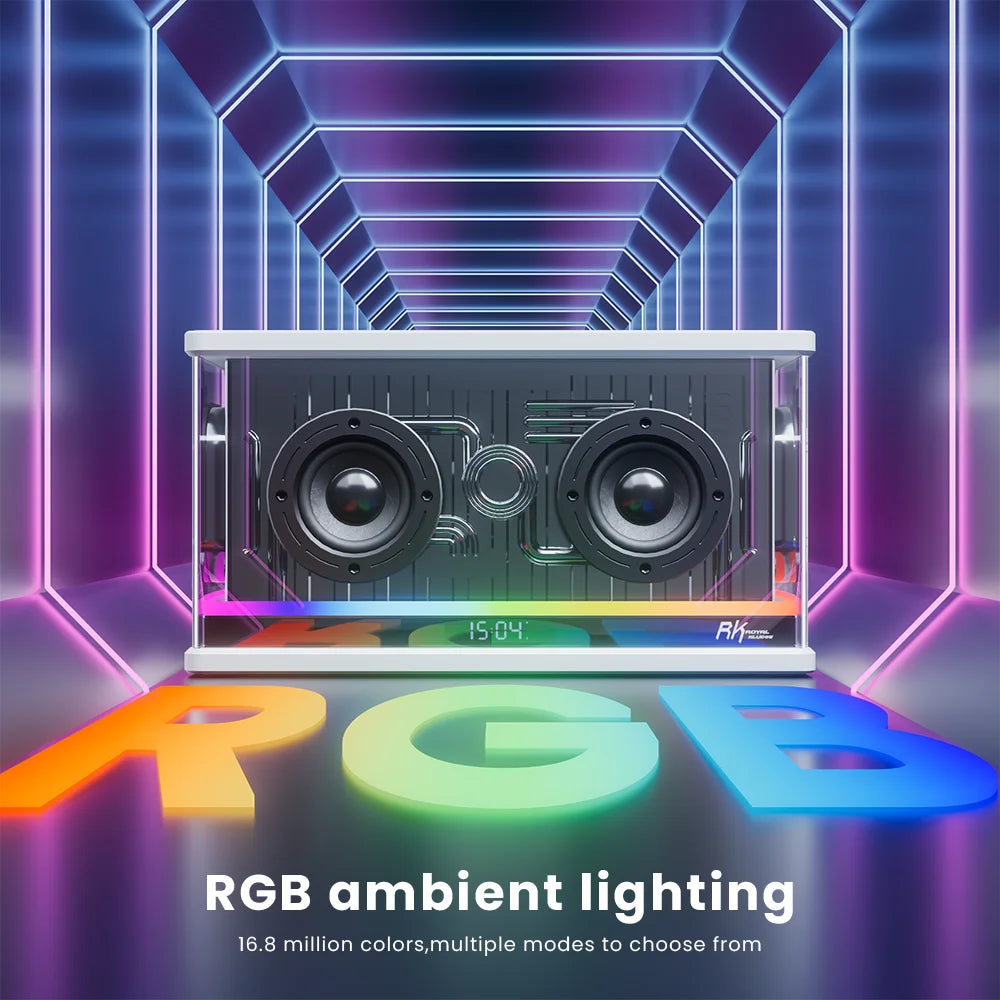 RK Royal Kludge SH100 wireless Bluetooth speaker with RGB lighting, display screen, four modes, 40W power, and TWS functionality.