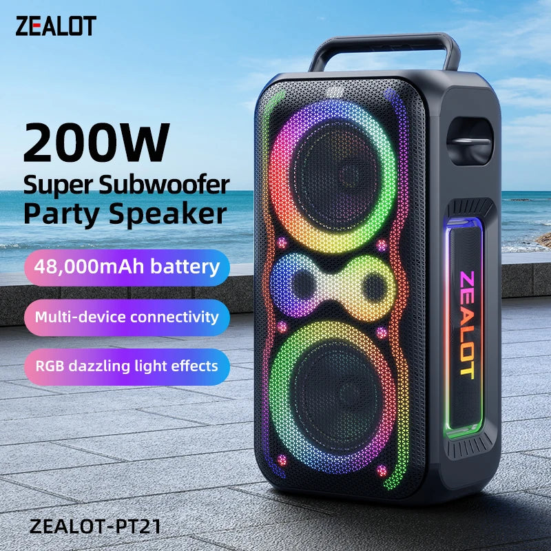 ZEALOT-PT21 200W portable Bluetooth speaker with waterproof design, built-in subwoofer, and bass boost for outdoor use