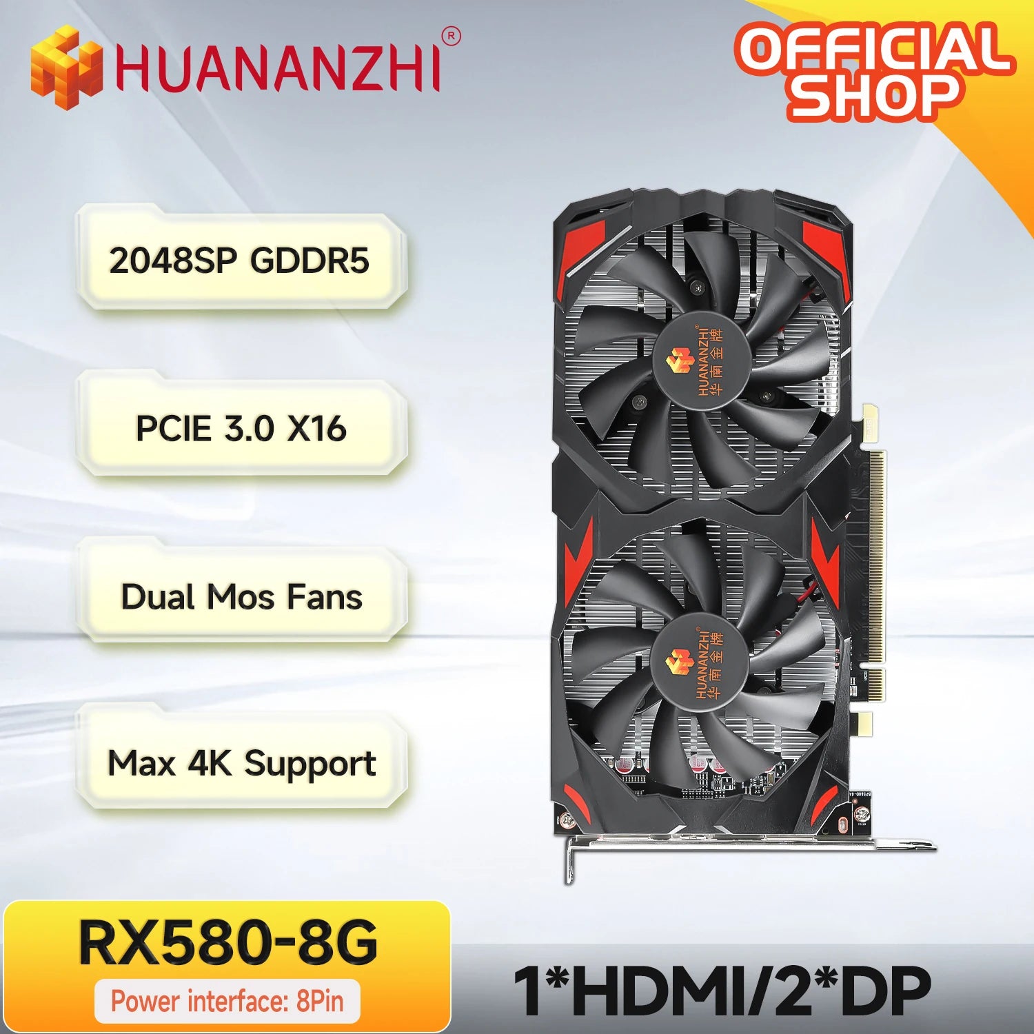 HUANANZHI RX 580 8G 16G 2048SP Graphics Cards 256Bit GDDR5 HDMI-Compatible DP DVI GPU RX580 8G Video Card