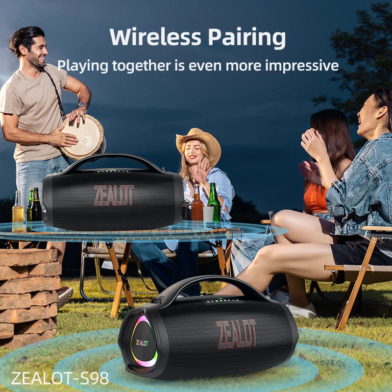 ZEALOT-S98 160W portable Bluetooth speaker with RGB lighting, waterproof design, 36000mAh battery, TWS, USB, TF, AUX support