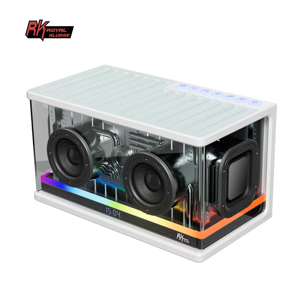 Storm Store RK Royal Kludge SH100 wireless Bluetooth speaker with RGB lighting, 40W power, TWS, display screen, and function buttons.