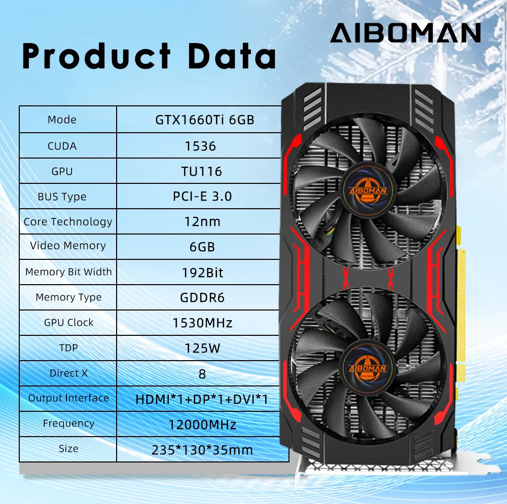 AIBOMAN Video Card GTX1660Ti 6GB GDDR6 192Bit 1530MHz GPU PCI-E 3.0 HDMI DP DVI Output Gaming Graphics Cards