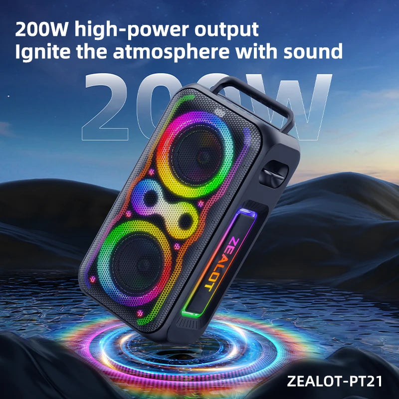ZEALOT-PT21 200W portable Bluetooth speaker with waterproof design, built-in subwoofer, and bass boost for outdoor sound.