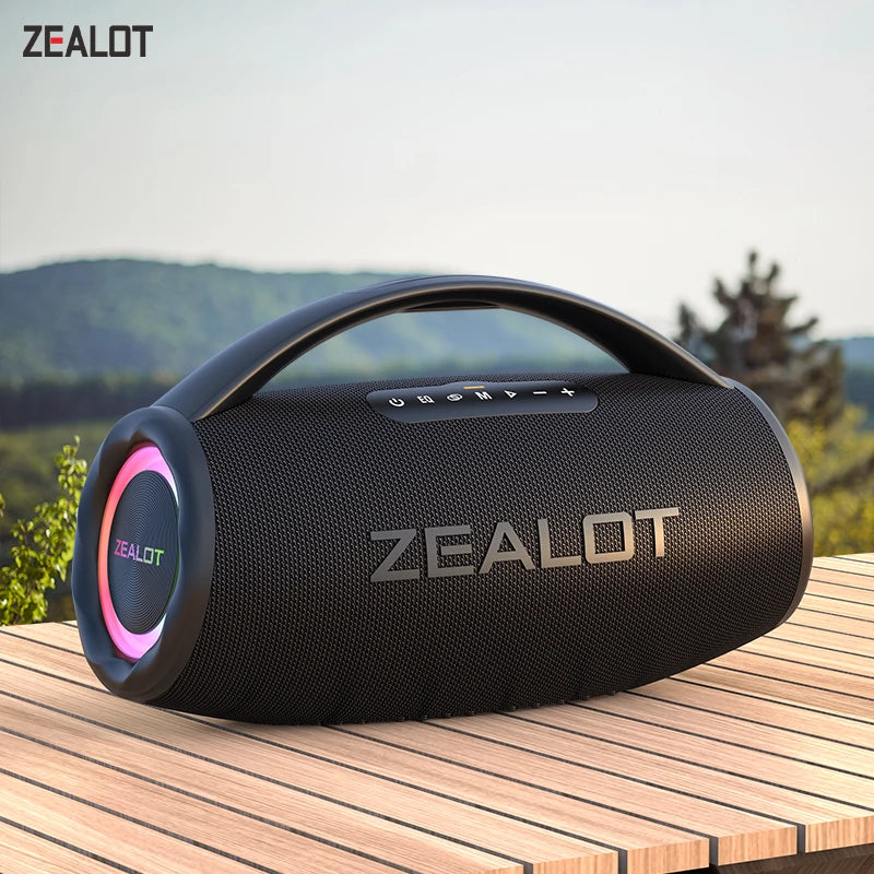 Storm Store Zealot-S97 80W Bluetooth speaker with RGB lights, waterproof design, wireless subwoofer, stereo sound, and TWS connectivity.