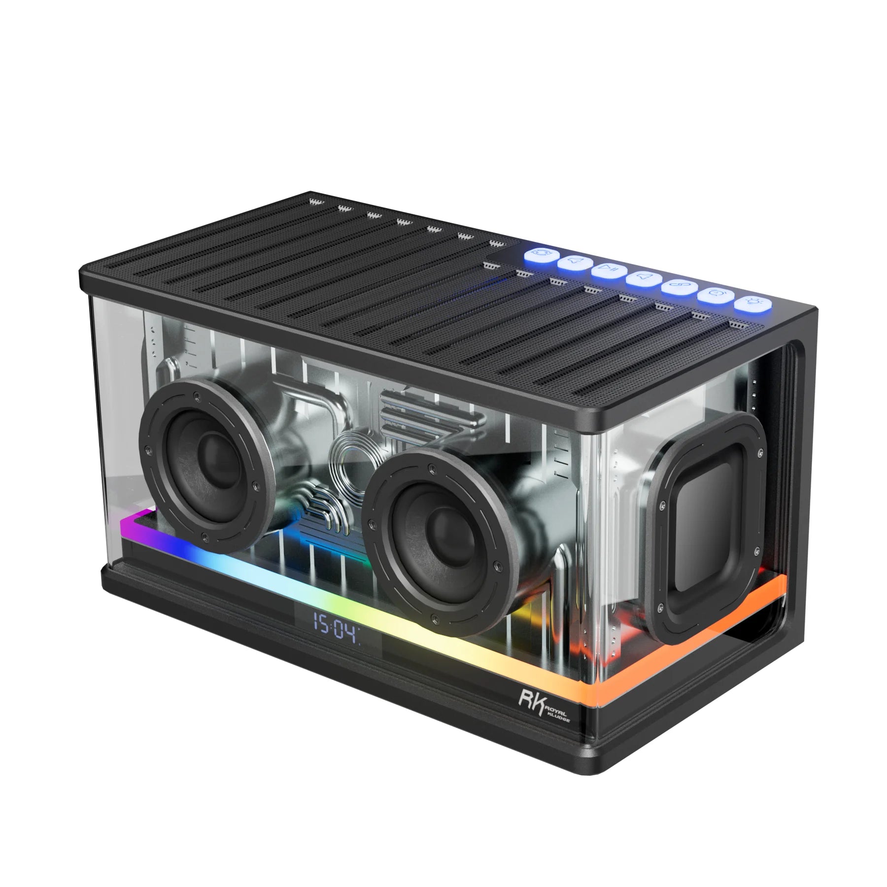 RK Royal Kludge SH100 wireless Bluetooth speaker with RGB lighting, 40W power, TWS, display screen, and functional buttons.
