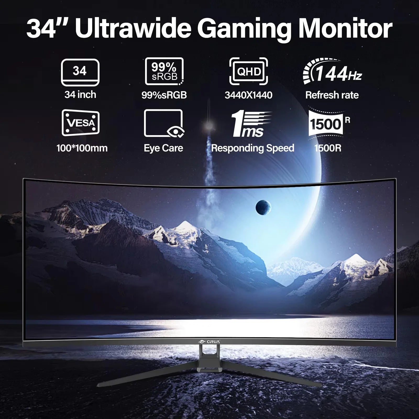 34 CRUA Gaming Monitor 34-inch Curved Ultrawide WQHD Monitor 3440 x 1440 R1500 Ultrawide Computer Monitor 144Hz VA Panel Display