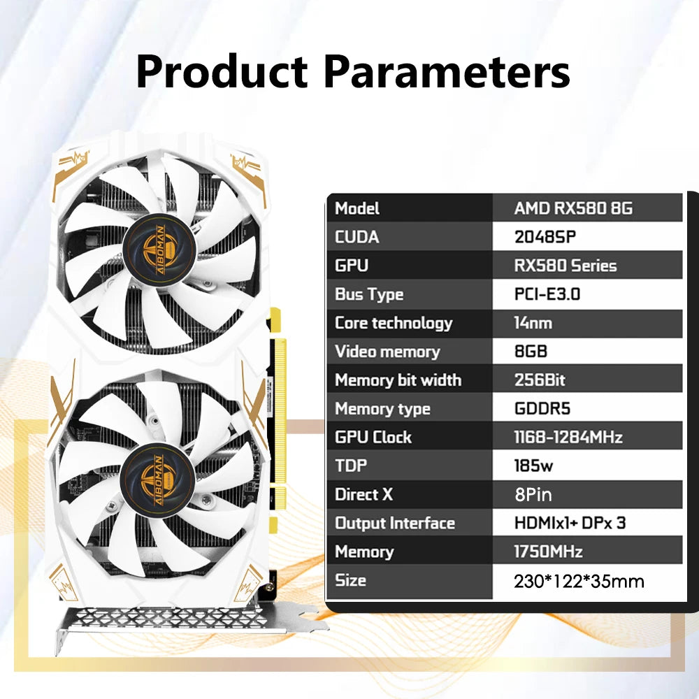 AIBOMAN Video Card AMD RX580 8GB Graphics Card GDDR5 256Bit 2048SP Dragon Series Gaming Video Cards Desktop Computer component