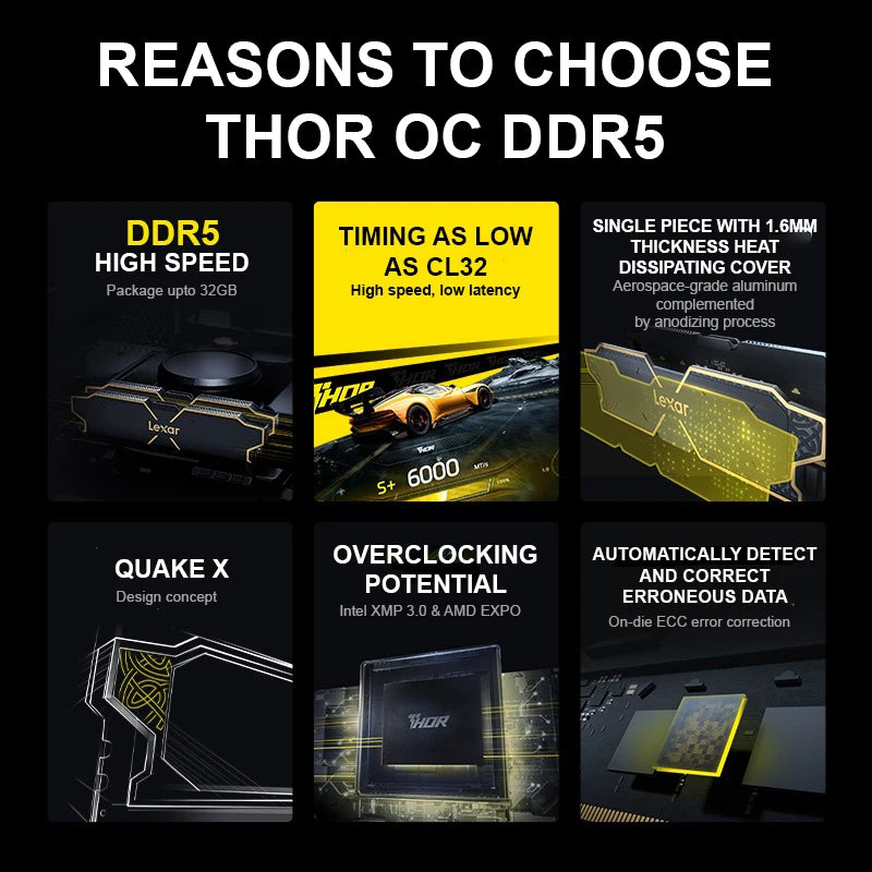 Lexar THOR OC DDR5 RAM 16GBx2 6000MHz CL36 Gaming Computer Memory Intel XMP 3.0 & AMD EXPO Overclocking Memorys for PC