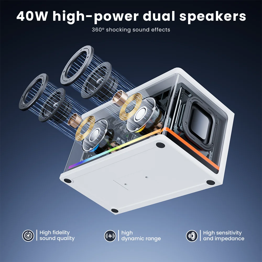 RK Royal Kludge SH100 wireless Bluetooth speaker with RGB lighting, 40W power, TWS, display screen, and function buttons.