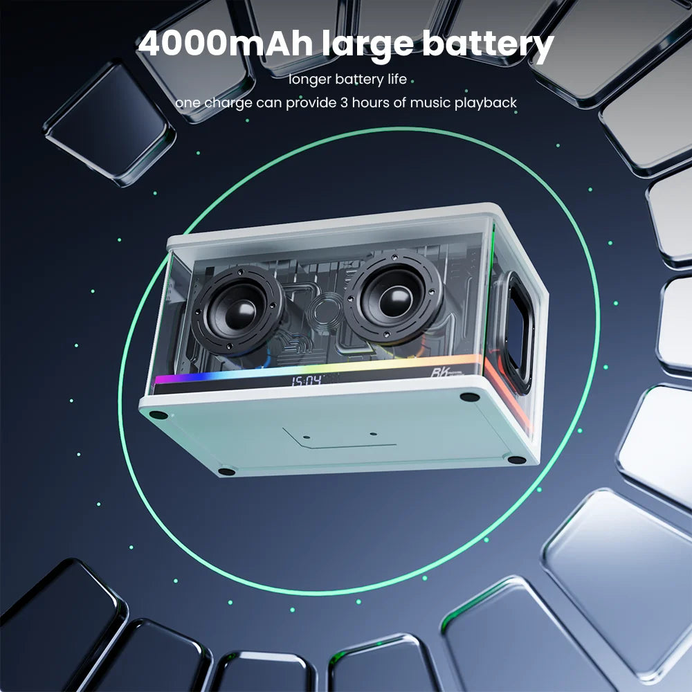 RK Royal Kludge SH100 Bluetooth wireless speaker with RGB lighting, TWS, 40W power, display screen, and function buttons.