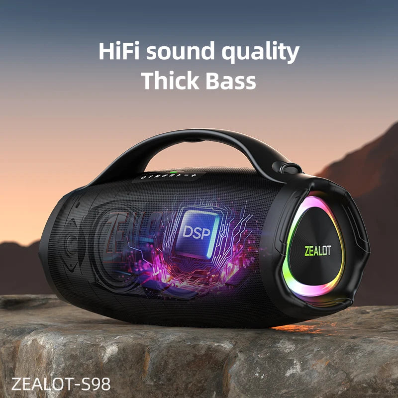 Storm Store ZEALOT-S98 160W portable Bluetooth speaker with RGB lights, waterproof design, large 36000mAh battery, TWS, USB, TF, AUX connectivity