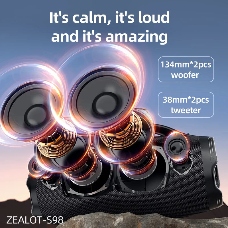 ZEALOT-S98 160W waterproof portable Bluetooth speaker with RGB lights, 36000mAh battery, TWS, USB, TF, AUX, high volume sound