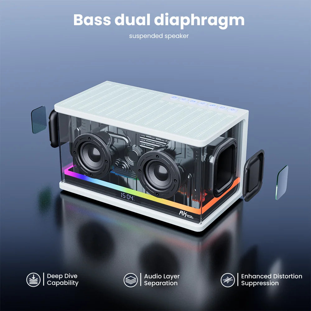 RK Royal Kludge SH100 wireless Bluetooth speaker showing four modes, 40W power, RGB lighting, display screen, and control buttons.